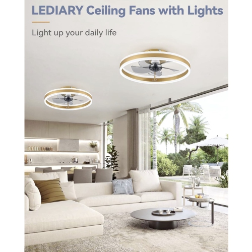 Luxurious Low Profile Ceiling Fans with Lights, Flush Mount Modern Ceiling Fan and Remote Control, 19.7" LED Ceiling Fans, Stepless Dimmable 3 Colors