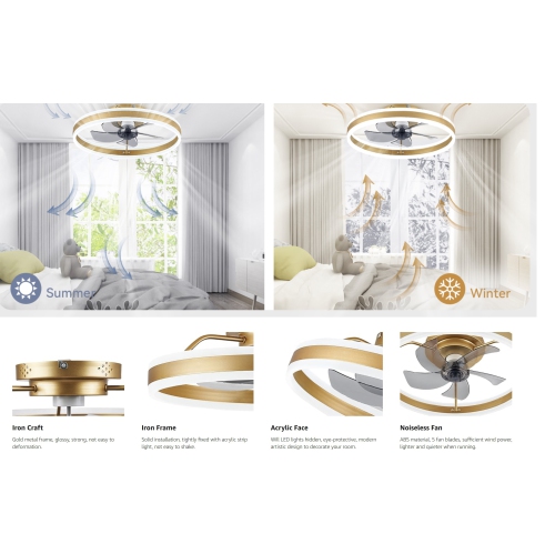 Luxurious Low Profile Ceiling Fans with Lights, Flush Mount Modern Ceiling Fan and Remote Control, 19.7" LED Ceiling Fans, Stepless Dimmable 3 Colors