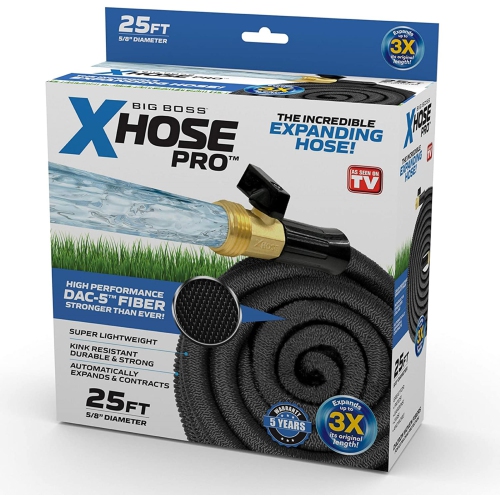 Big Boss Xhose Pro DAC-5 Fiber Black Expanding Hose 25 Ft, Lightweight, Weatherproof, Kink-Free Garden Hose