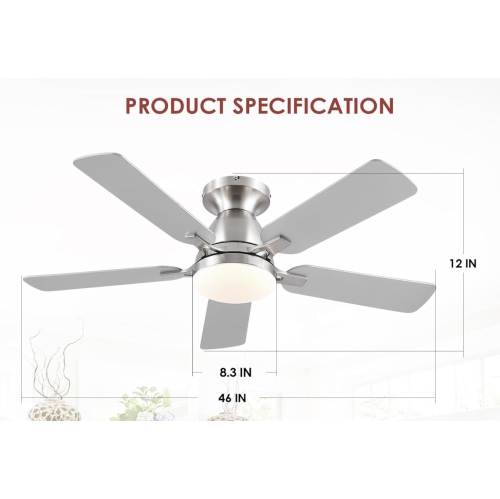 Modern Big Ceiling Fans with Lights- 46" Low Profile Indoor Ceiling Fan with Light and Remote/APP Control, Flush Mount, LED Dimmable DC Reversible