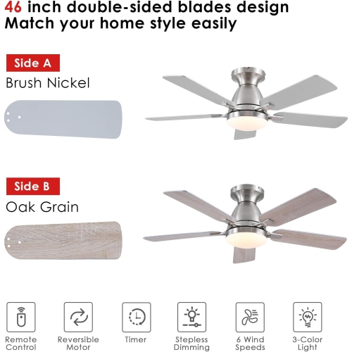 Modern Big Ceiling Fans with Lights- 46" Low Profile Indoor Ceiling Fan with Light and Remote/APP Control, Flush Mount, LED Dimmable DC Reversible