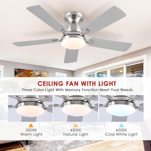 Modern Big Ceiling Fans with Lights- 46" Low Profile Indoor Ceiling Fan with Light and Remote/APP Control, Flush Mount, LED Dimmable DC Reversible