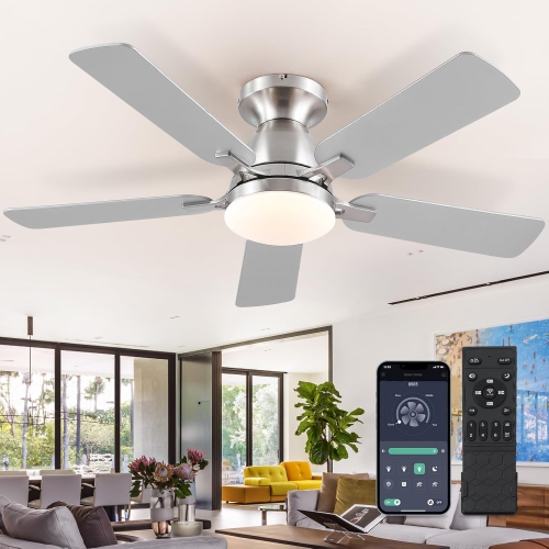Modern Big Ceiling Fans with Lights- 46" Low Profile Indoor Ceiling Fan with Light and Remote/APP Control, Flush Mount, LED Dimmable DC Reversible