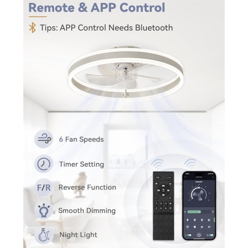 LUXURIOUS Low Profile Ceiling Fans with Lights, Flush Mount Modern Ceiling Fan and Remote Control, 19.7" LED Ceiling Fans, Stepless Dimmable 3 Colors