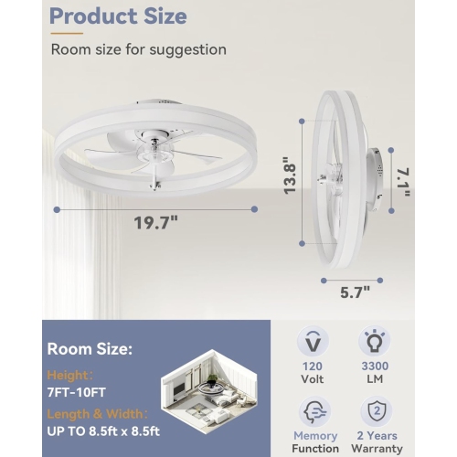 LUXURIOUS Low Profile Ceiling Fans with Lights, Flush Mount Modern Ceiling Fan and Remote Control, 19.7" LED Ceiling Fans, Stepless Dimmable 3 Colors