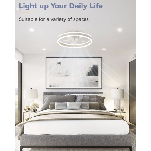 LUXURIOUS Low Profile Ceiling Fans with Lights, Flush Mount Modern Ceiling Fan and Remote Control, 19.7" LED Ceiling Fans, Stepless Dimmable 3 Colors