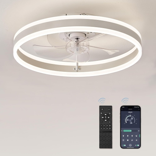 LUXURIOUS Low Profile Ceiling Fans with Lights, Flush Mount Modern Ceiling Fan and Remote Control, 19.7" LED Ceiling Fans, Stepless Dimmable 3 Colors