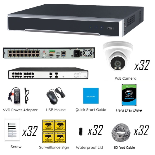 Full Color Night Vision 6MP Wired Audio Security Camera System, 32 Camera Surveillance Kit Outdoor DIY Audio 10TB HDD Included for Home Business