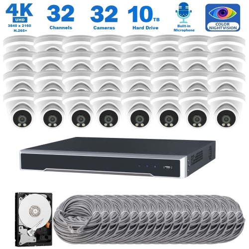HIK-CONNECT  Full Color Night Vision 4K 8Mp Wired Audio Security Camera System, 32 Camera Surveillance Kit Outdoor Diy Audio 10Tb HDD Included For