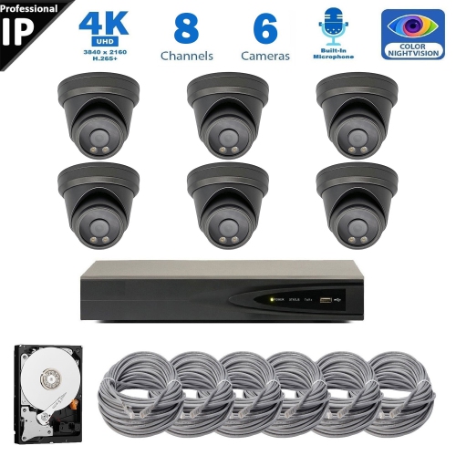 Full Color Night Vision 4K 8MP Wired Audio Security Camera System, 6 Camera Surveillance Kit Outdoor DIY Audio 2TB HDD Included for Home Business