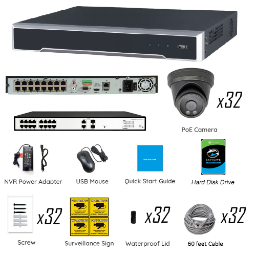 Full Color Night Vision 4K 8MP Wired Audio Security Camera System, 32 Camera Surveillance Kit Outdoor DIY Audio 10TB HDD Included for Home Business