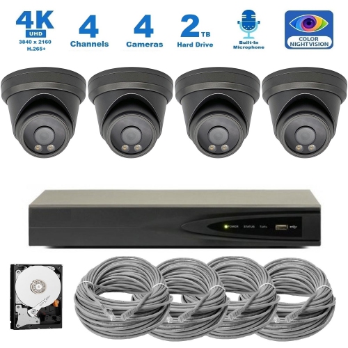 Full Color Night Vision 4K 8MP Wired Audio Security Camera System, 4 Camera Surveillance Kit Outdoor DIY Audio 2TB HDD Included for Home Business