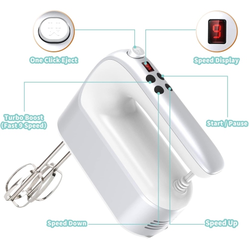 Batteur à main numérique à 9 vitesses Yomelo électrique, moteur c.c. puissant 400 W, mélangeur à main avec boîtier de rangement encliquetable,