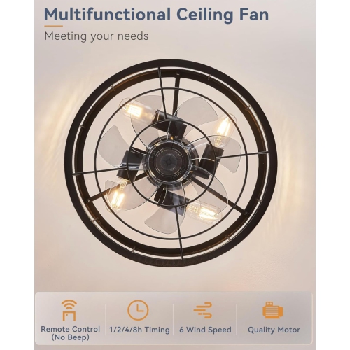 16.5 inch Black Caged Ceiling Fan With Light, Fandelier Industrial Ceiling Fan With Remote, Farmhouse Fan Lights Ceiling Fixtures For Kitchen,