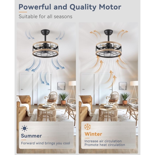 16.5in Caged Ceiling Fan with Light, Fandelier Industrial Ceiling Fan with Remote, Rustic Metal Fan Lights Ceiling Fixtures for Kitchen, Farmhouse,