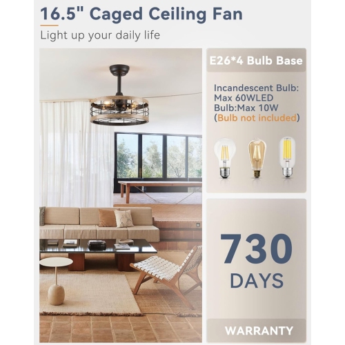 16.5in Caged Ceiling Fan with Light, Fandelier Industrial Ceiling Fan with Remote, Rustic Metal Fan Lights Ceiling Fixtures for Kitchen, Farmhouse,