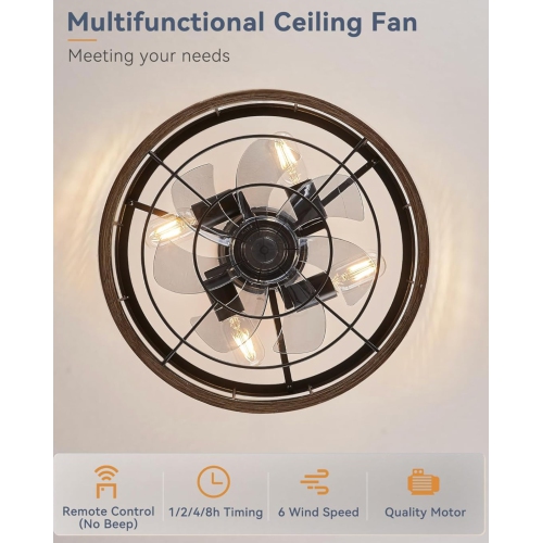 16.5in Caged Ceiling Fan with Light, Fandelier Industrial Ceiling Fan with Remote, Rustic Metal Fan Lights Ceiling Fixtures for Kitchen, Farmhouse,