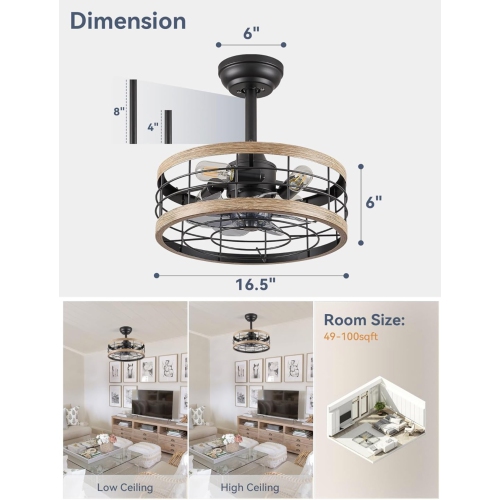16.5in Caged Ceiling Fan with Light, Fandelier Industrial Ceiling Fan with Remote, Rustic Metal Fan Lights Ceiling Fixtures for Kitchen, Farmhouse,