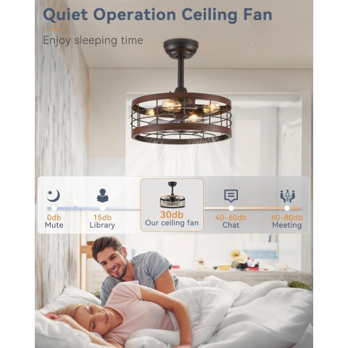 16.5in Caged Ceiling Fan with Light, Bladeless Industrial Ceiling Fan with Remote, Rustic Metal Fan Lights Ceiling Fixtures for Kitchen, Farmhouse,