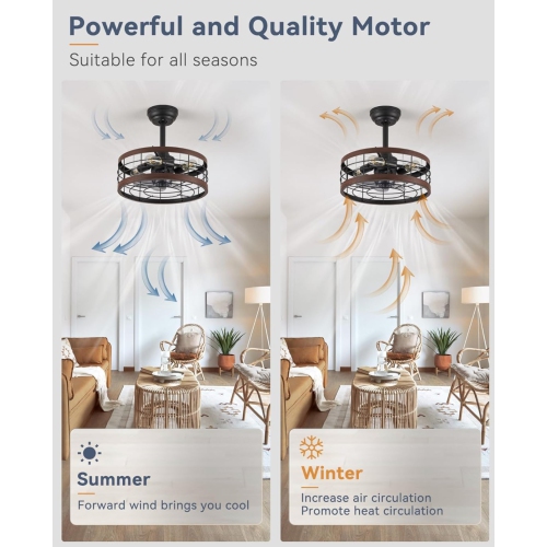 16.5in Caged Ceiling Fan with Light, Bladeless Industrial Ceiling Fan with Remote, Rustic Metal Fan Lights Ceiling Fixtures for Kitchen, Farmhouse,