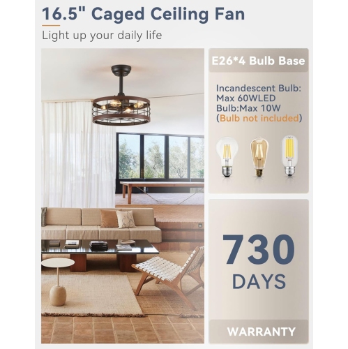 16.5in Caged Ceiling Fan with Light, Bladeless Industrial Ceiling Fan with Remote, Rustic Metal Fan Lights Ceiling Fixtures for Kitchen, Farmhouse,
