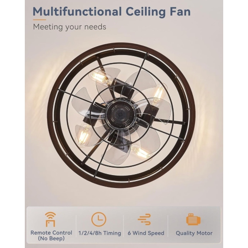16.5in Caged Ceiling Fan with Light, Bladeless Industrial Ceiling Fan with Remote, Rustic Metal Fan Lights Ceiling Fixtures for Kitchen, Farmhouse,