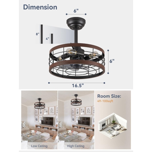 16.5in Caged Ceiling Fan with Light, Bladeless Industrial Ceiling Fan with Remote, Rustic Metal Fan Lights Ceiling Fixtures for Kitchen, Farmhouse,