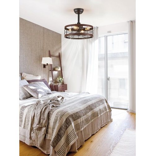 16.5in Caged Ceiling Fan with Light, Bladeless Industrial Ceiling Fan with Remote, Rustic Metal Fan Lights Ceiling Fixtures for Kitchen, Farmhouse,