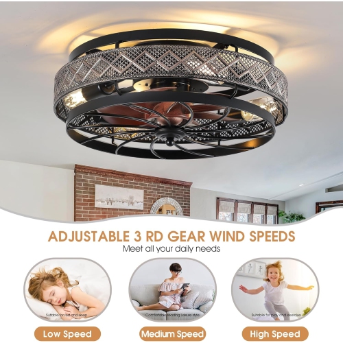 Low Profile Caged Ceiling Fans with Lights and Remote, Flush Mount Ceiling Fan with Light, Bedroom Fan, Small Industrial Black Ceiling Light Fixture,