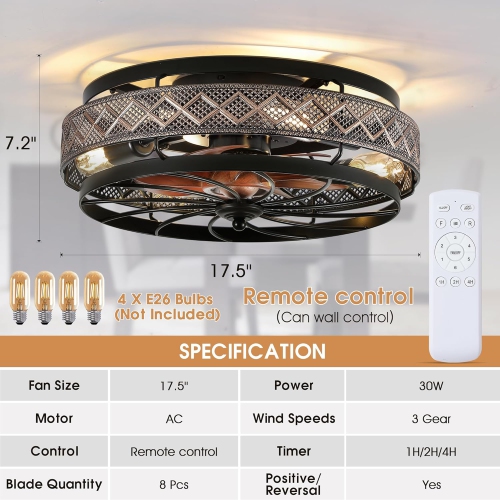 Low Profile Caged Ceiling Fans with Lights and Remote, Flush Mount Ceiling Fan with Light, Bedroom Fan, Small Industrial Black Ceiling Light Fixture,