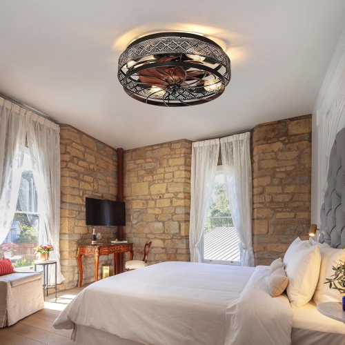 Low Profile Caged Ceiling Fans with Lights and Remote, Flush Mount Ceiling Fan with Light, Bedroom Fan, Small Industrial Black Ceiling Light Fixture,