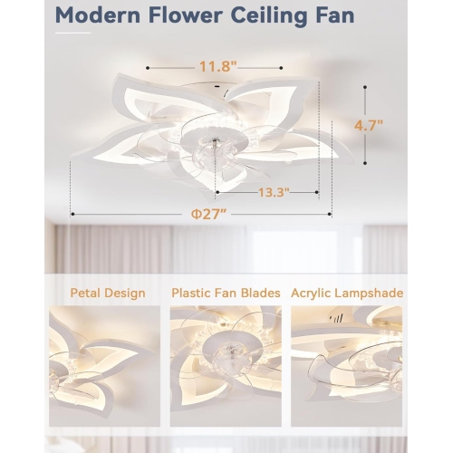 Flower Ceiling Fans with Lights, Small 27 Inch Modern Low Profile Ceiling Fan, Dimmable LED Ceiling Light Fixture, Flush Mount Ceiling Fans with