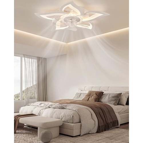 Flower Ceiling Fans with Lights, Small 27 Inch Modern Low Profile Ceiling Fan, Dimmable LED Ceiling Light Fixture, Flush Mount Ceiling Fans with