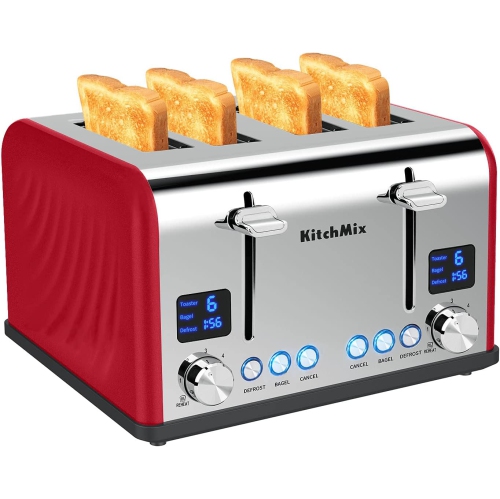 KITCHMIX  Toaster 4 Slice, Bagel Stainless Toaster With Lcd Timer, Extra Wide Slots, Dual Screen, Removal Crumb Tray (Red)