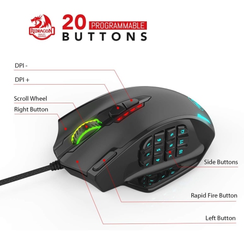 Redragon M908 Impact RGB Gaming Mouse – 12,400 DPI Wired Laser MMO Mouse with 12 Programmable Side Buttons, Customizable RGB Lighting & High