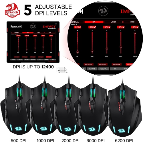 Redragon M908 Impact RGB Gaming Mouse – 12,400 DPI Wired Laser MMO Mouse with 12 Programmable Side Buttons, Customizable RGB Lighting & High