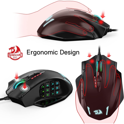Redragon M908 Impact RGB Gaming Mouse – 12,400 DPI Wired Laser MMO Mouse with 12 Programmable Side Buttons, Customizable RGB Lighting & High