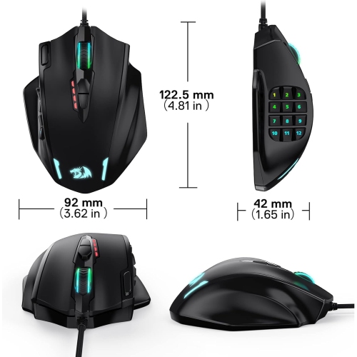 Redragon M908 Impact RGB Gaming Mouse – 12,400 DPI Wired Laser MMO Mouse with 12 Programmable Side Buttons, Customizable RGB Lighting & High