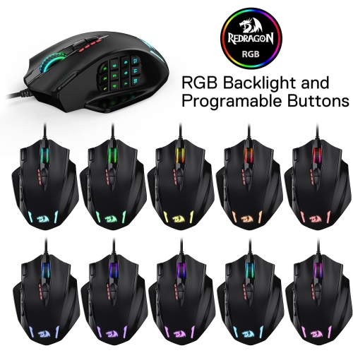Redragon M908 Impact RGB Gaming Mouse – 12,400 DPI Wired Laser MMO Mouse with 12 Programmable Side Buttons, Customizable RGB Lighting & High