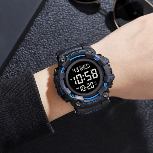 Men Sport Watch Countdown Stopwatch Watch Mens Wrist Watch Waterproof LED Electronic Digital Male Watch 12/24 Hour Multifunctional Watch, C Black,