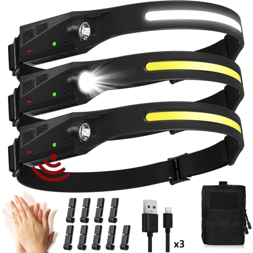 Lampe frontale rechargeable de Petginhome pour camping de randonnée, paquet de ,3, 1000 lumens, 5 modes, 1200&nbsp;mAh lampe frontale étanche légère