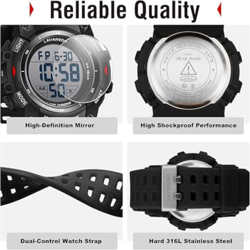 Watches for Men Digital Sport Outdoor Mens Watches 5ATM Waterproof Large Numbers Men's Watch with Resin Strap Military LED Backlight Montre Homme