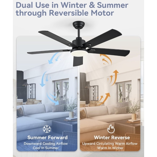PROMO 2 Pack 52" Ceiling Fans with Lights, Black Modern Ceiling Fan with Remote, Farmhouse Indoor Ceiling Fan with Dual Finish Blades, Quiet & Strong