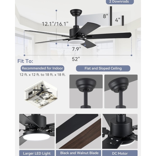 PROMO 2 Pack 52" Ceiling Fans with Lights, Black Modern Ceiling Fan with Remote, Farmhouse Indoor Ceiling Fan with Dual Finish Blades, Quiet & Strong