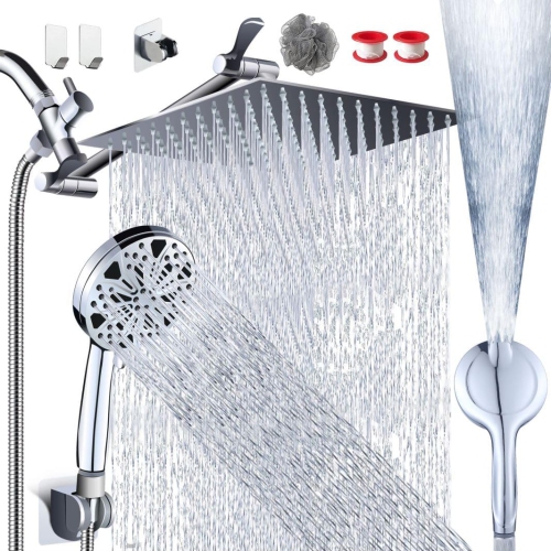 Pomme de douche Rainfall de 12&nbsp;po avec combiné à main haute pression 8+2 mode Power Wash intégré, pomme de douche en acier inoxydable chromé ave