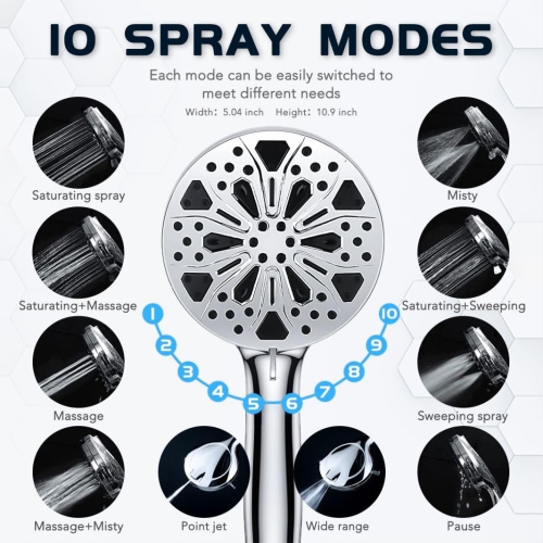 12''Rainfall Shower Head with Handheld Combo High Pressure 8+2 Mode Built-in Power wash, Stainless Steel Chrome Showerhead with 11'' Extension Arm