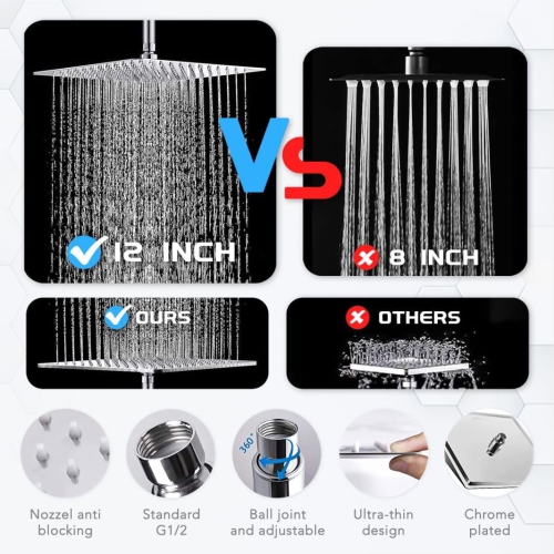 12''Rainfall Shower Head with Handheld Combo High Pressure 8+2 Mode Built-in Power wash, Stainless Steel Chrome Showerhead with 11'' Extension Arm