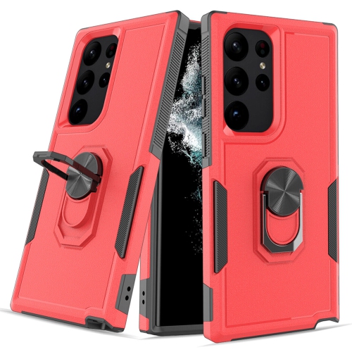 [CS] Shockproof Heavy Duty Magnetic Hard Armor Kickstand Case with Ring Holder for Samsung Galaxy S25 Ultra, Red