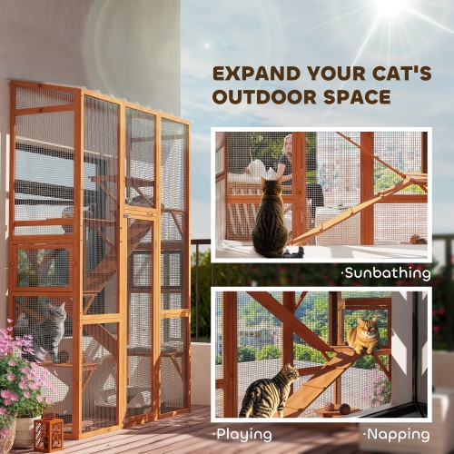 PawHut Catio Outdoor Cat Enclosure, Large Wooden Cat House with 6 Platforms, Scratching Post, 2 Ramps, Waterproof Roof, Walk-in Kitty Cage for 2–3
