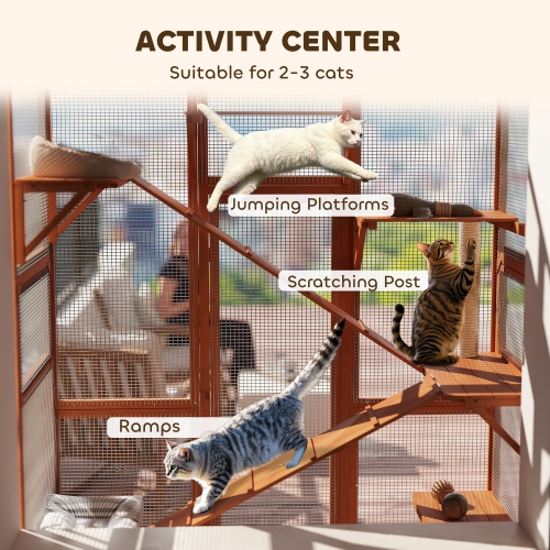 PawHut Catio Outdoor Cat Enclosure, Large Wooden Cat House with 6 Platforms, Scratching Post, 2 Ramps, Waterproof Roof, Walk-in Kitty Cage for 2–3